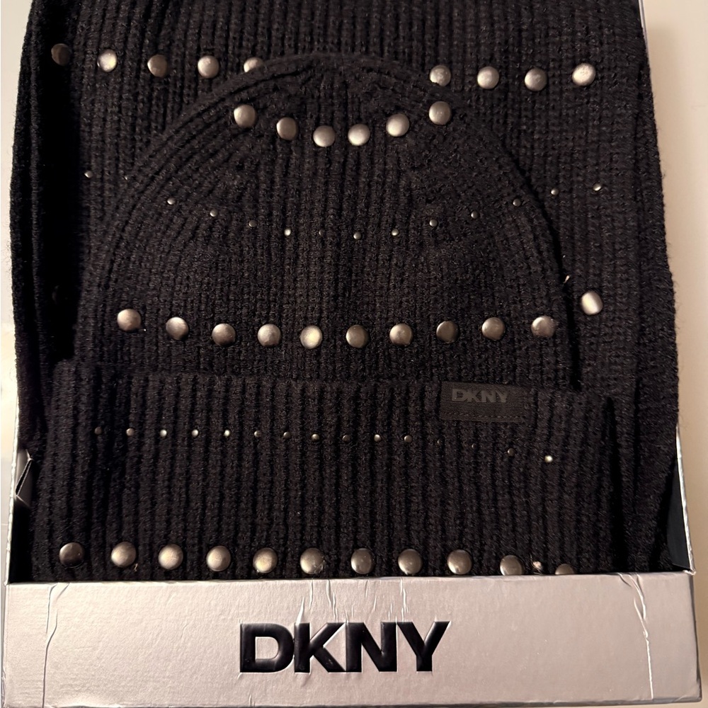 DKNY Black Knit Hat and Scarf with Silver Accents